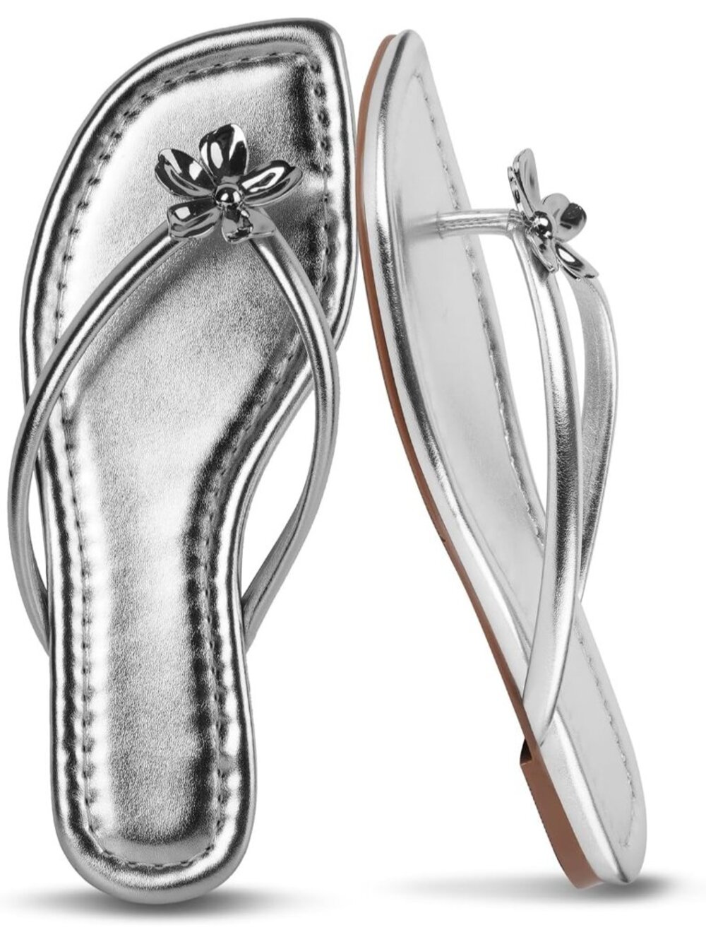 Women's Silver Comfortable Square Toe Thong Slip on Flip Flop Floral Flat Shoes